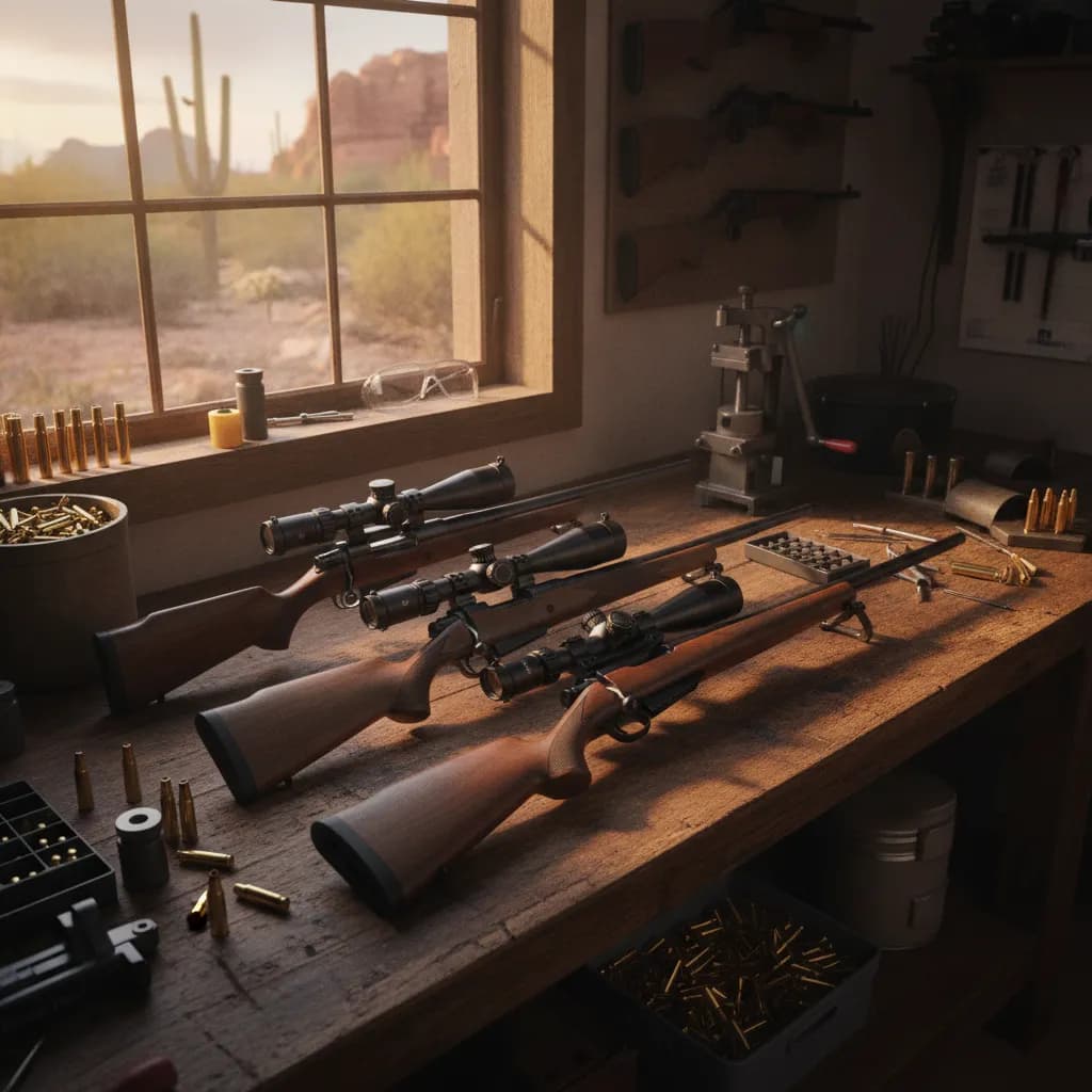 Rifle bench with several long-action hunting rifles and ballistic turret scopes laid out for build inspection