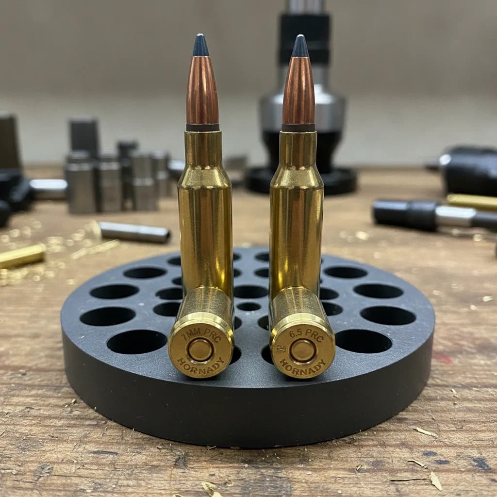 Close-up of stacked 7mm PRC and 6.5 PRC cartridges on a reloading bench