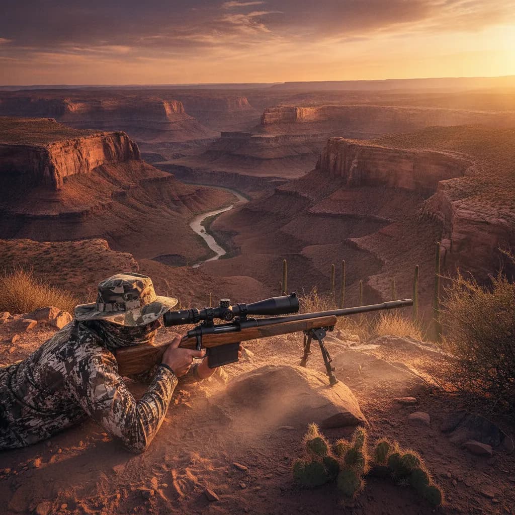 Hunter glassing a canyon at long range with a rifle resting on a bipod