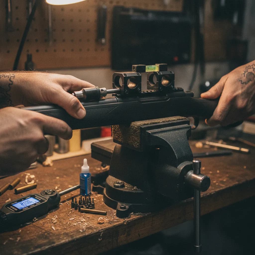 Technician mounting a Nightforce scope onto a rifle receiver in a shop vise