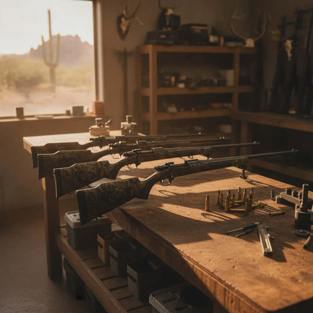 A row of bolt-action hunting rifles with carbon fiber stocks staged on a workbench in a Mesa Arizona gunshop