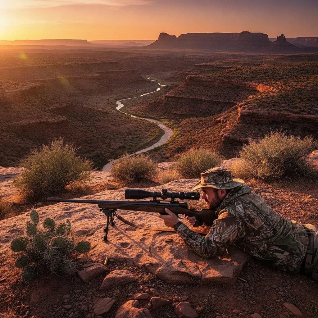 Hunter glassing a distant ridge with a long-range rifle resting on a bipod in high desert terrain