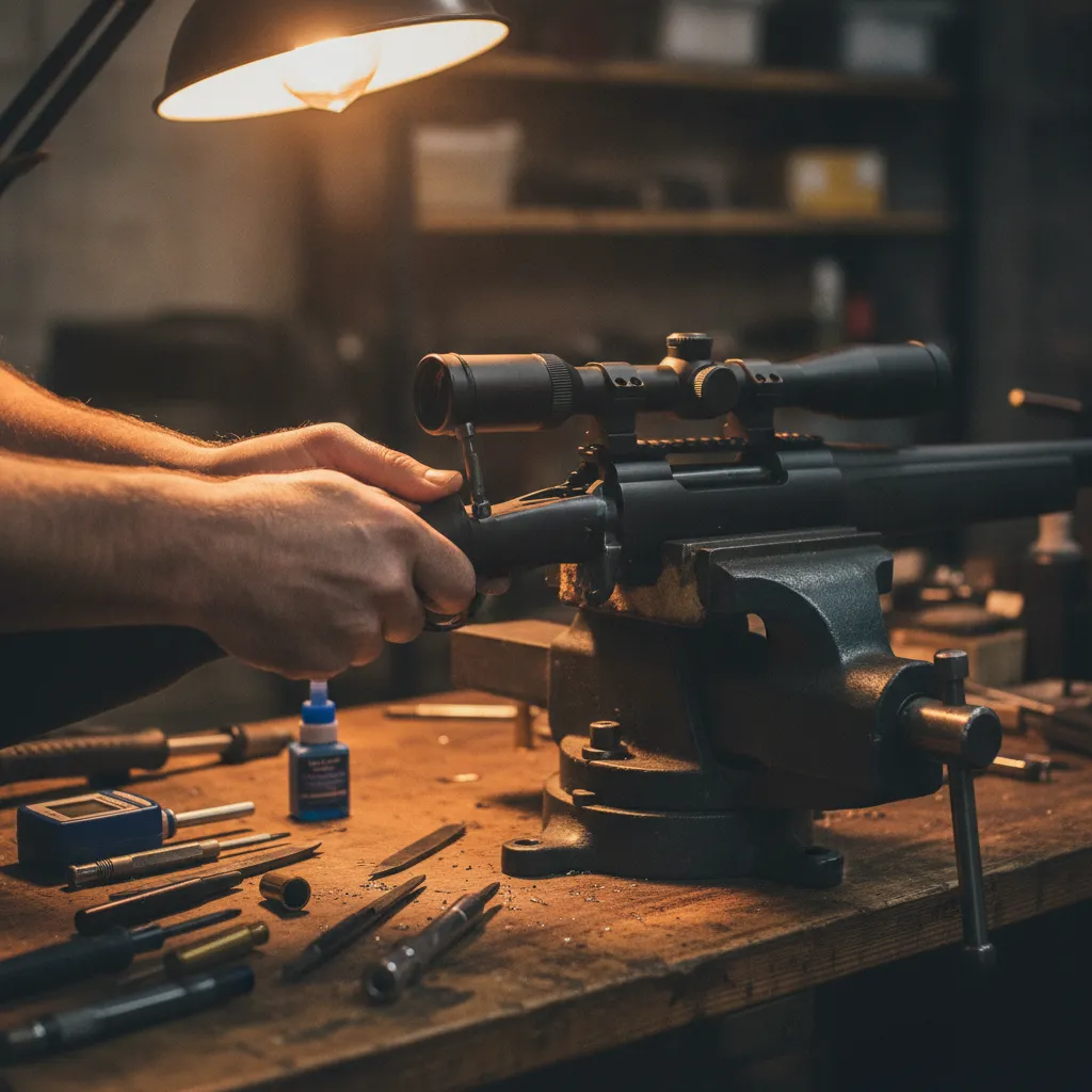 Technician mounting a scope on a rifle receiver at a precision fitting bench with tools laid out