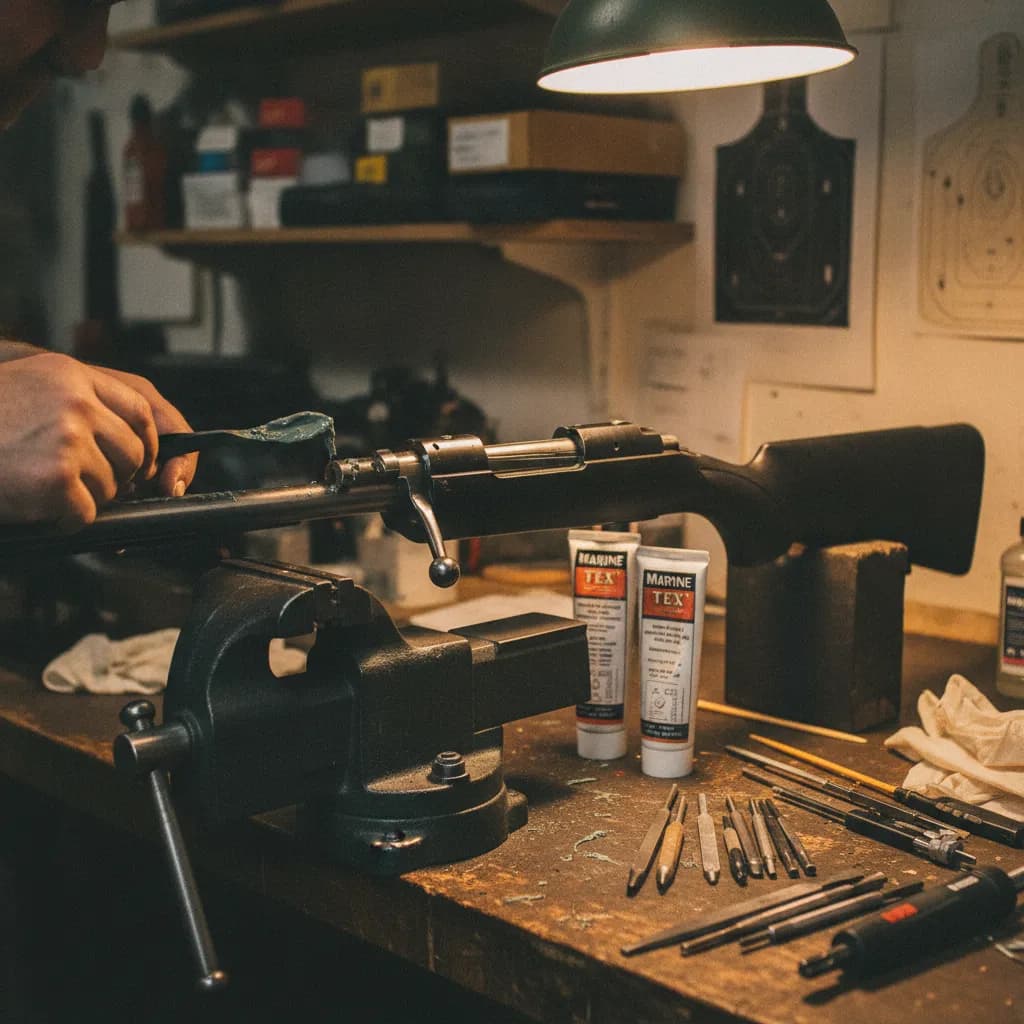 Gunsmith bedding a rifle action into a synthetic stock on a padded workbench