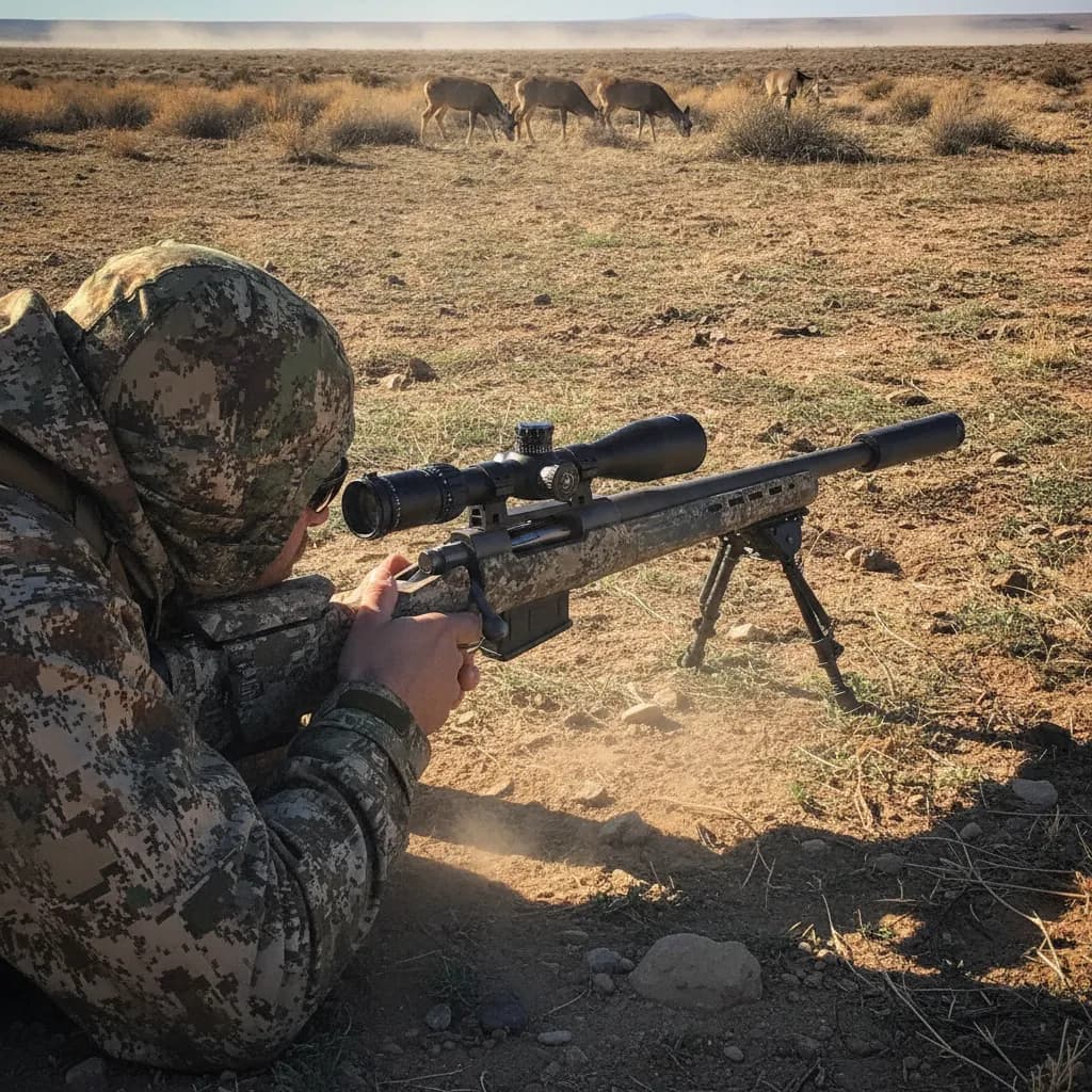 Hunter dialing a custom turret on a long-range riflescope in the field